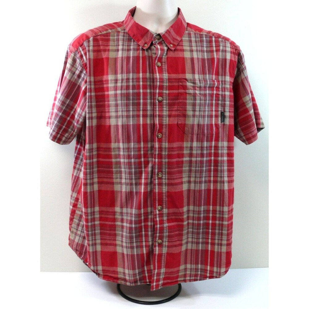Columbia Plaid Button Up Shirt Short Sleeve Outdoor Casual Red White Large